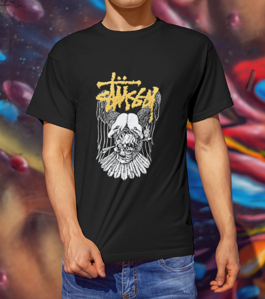 Stussy Two Headed Eagle Skull Yellow Text White Sketch T-Shirt