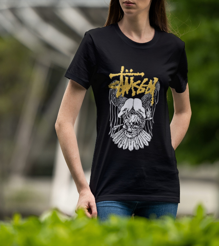 Stussy Two Headed Eagle Skull Yellow Text White Sketch T-Shirt