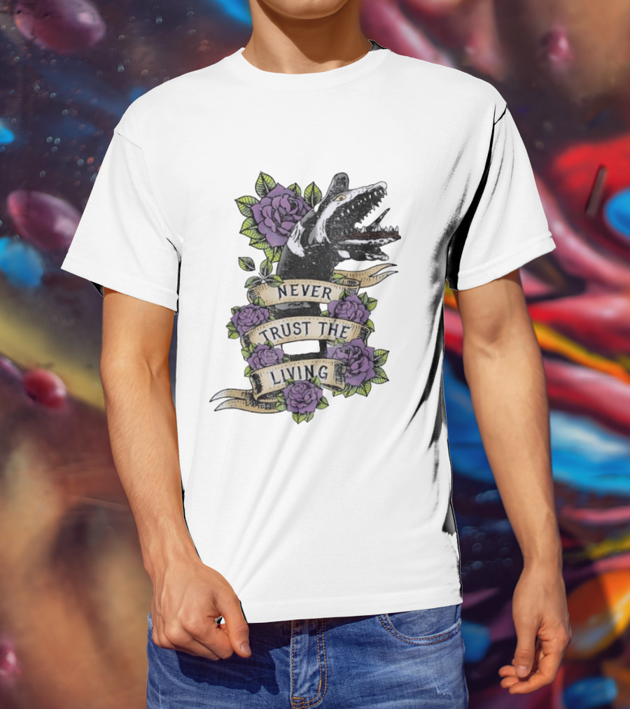 Beetlejuice Never Trust The Living Floral Banner With Sandworm And Purple Roses T-Shirt