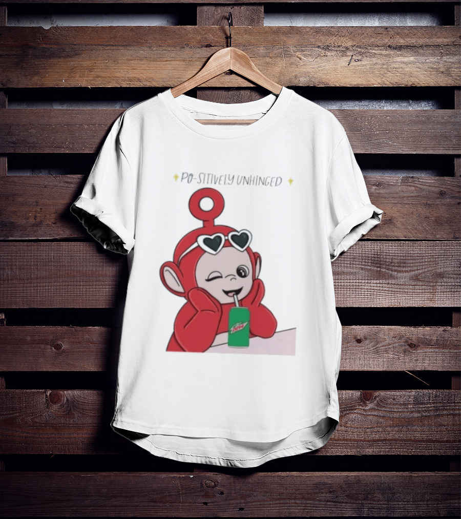 Po Sitively Unhinged Funny Red Teletubby Heart Sunglasses Drinking Mtn Dew T-Shirt