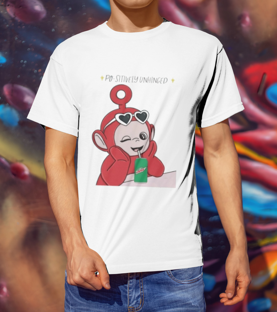 Po Sitively Unhinged Funny Red Teletubby Heart Sunglasses Drinking Mtn Dew T-Shirt