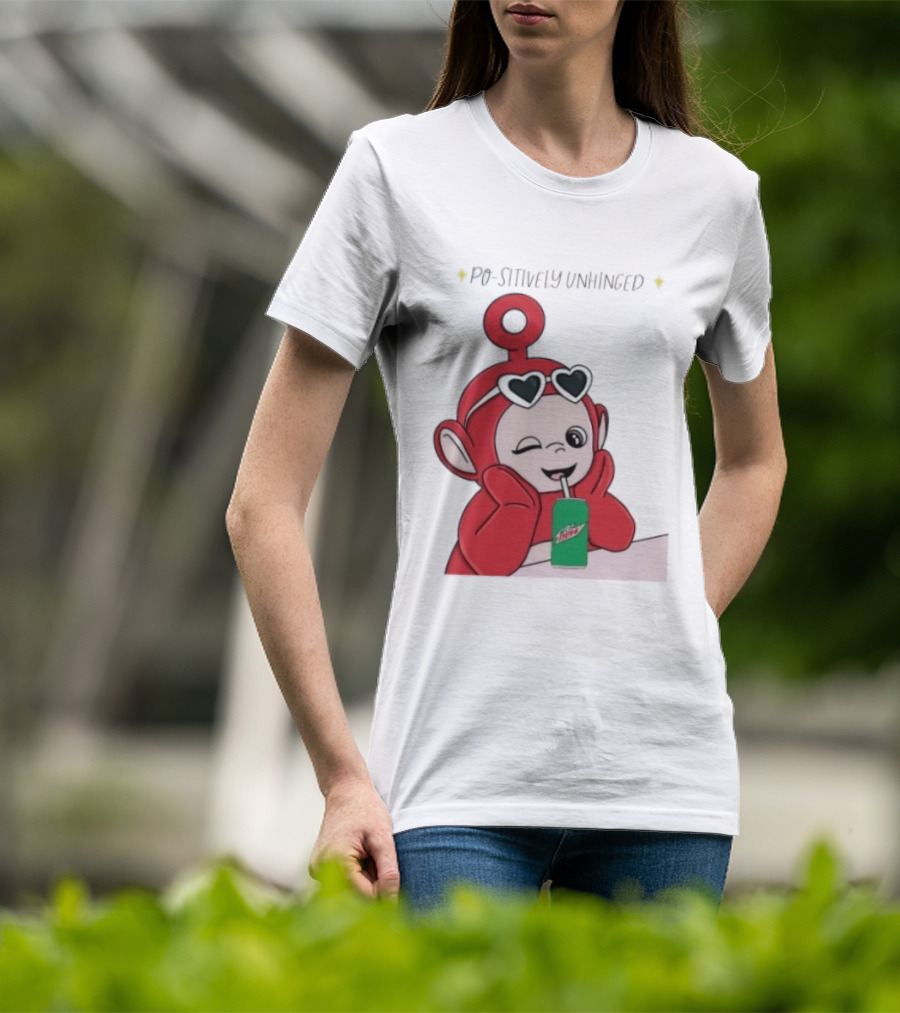 Po Sitively Unhinged Funny Red Teletubby Heart Sunglasses Drinking Mtn Dew T-Shirt
