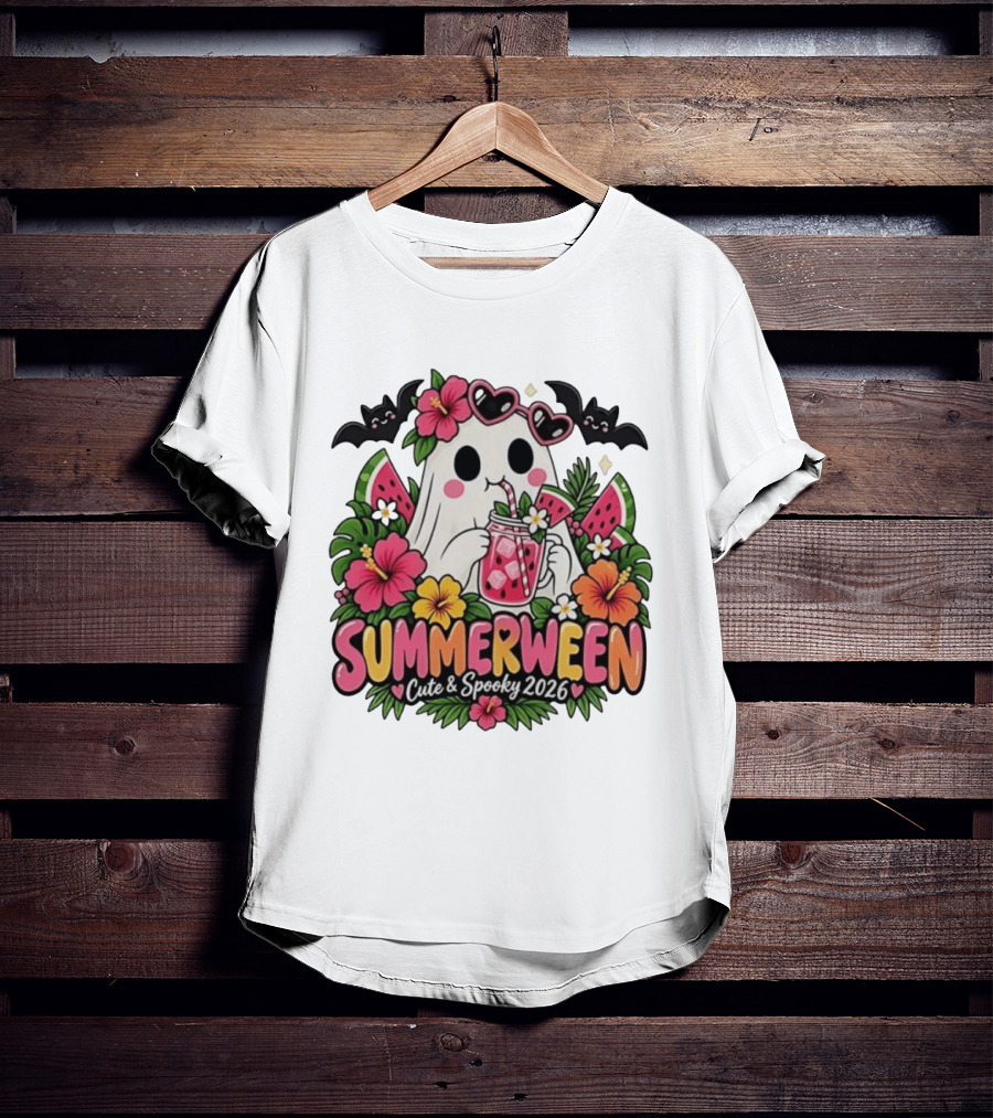 Summerween Cute And Spooky 2026 Ghost With Tropical Flowers And Bats T-Shirt