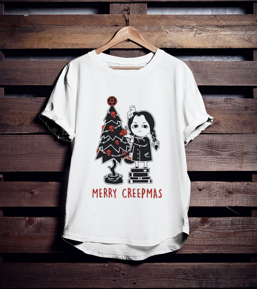 Wednesday Addams Merry Creepmas Goth Christmas Skulls Tree T-Shirt