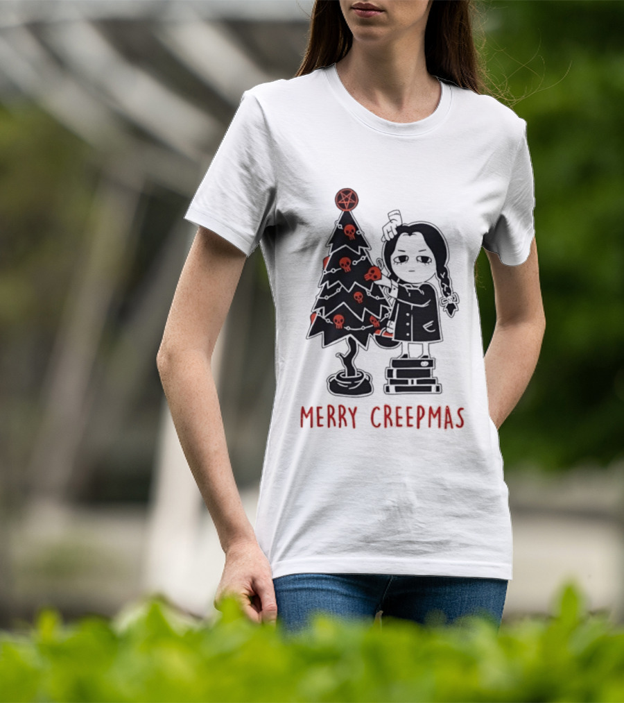Wednesday Addams Merry Creepmas Goth Christmas Skulls Tree T-Shirt