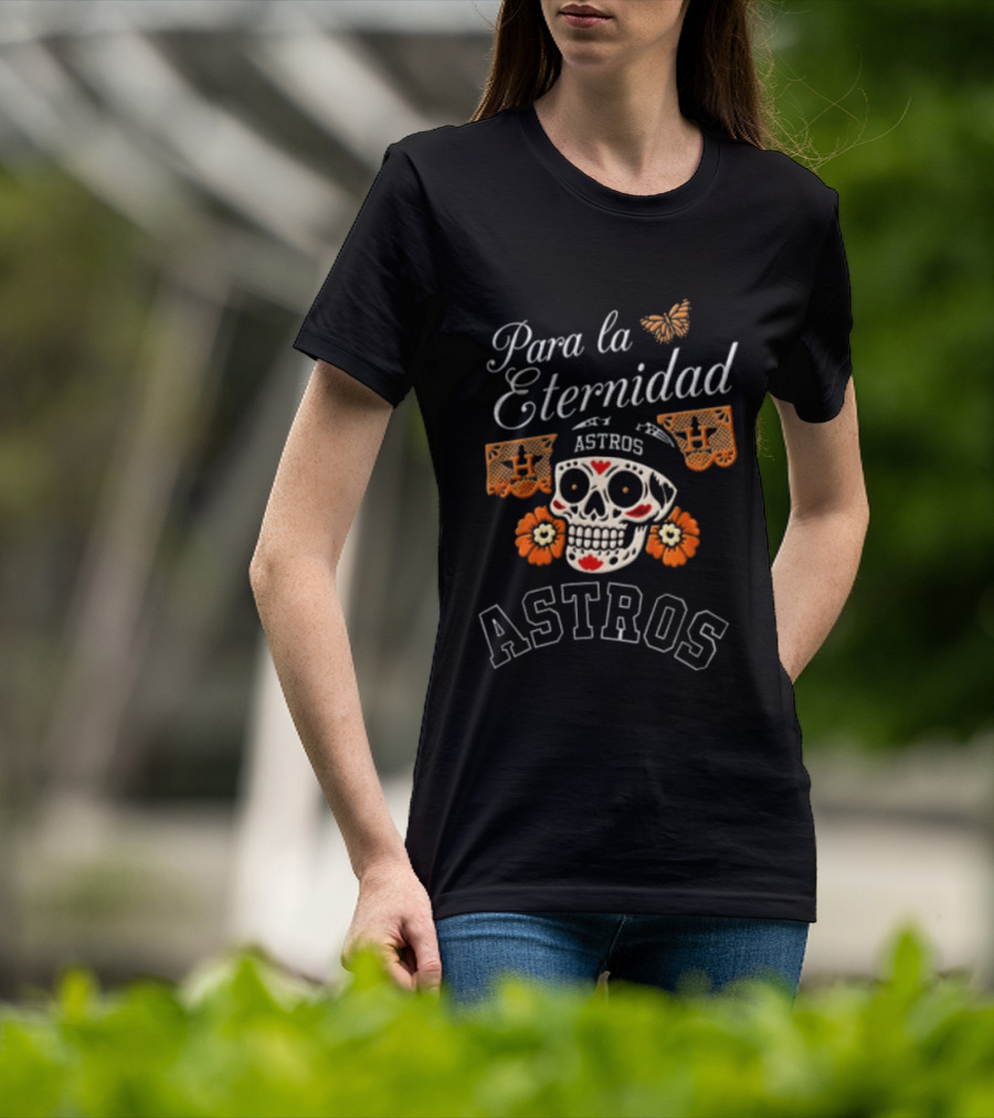 Para La Eternidad Astros Sugar Skull Bandana Flowers Butterfly T-Shirt