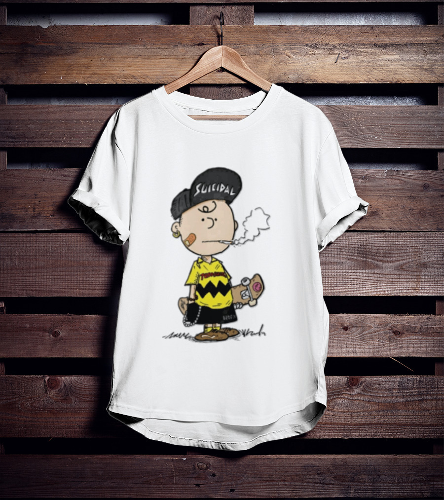 Charlie Brown Cartoon Boy Smoking Skateboard Punk Scumbag Thrasher T-Shirt