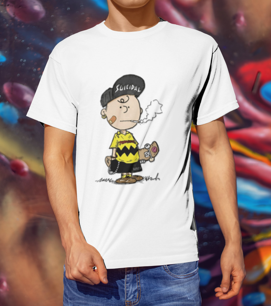 Charlie Brown Cartoon Boy Smoking Skateboard Punk Scumbag Thrasher T-Shirt