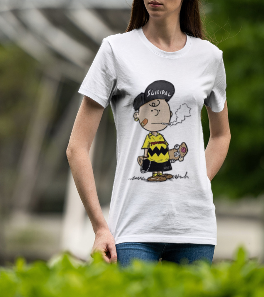 Charlie Brown Cartoon Boy Smoking Skateboard Punk Scumbag Thrasher T-Shirt