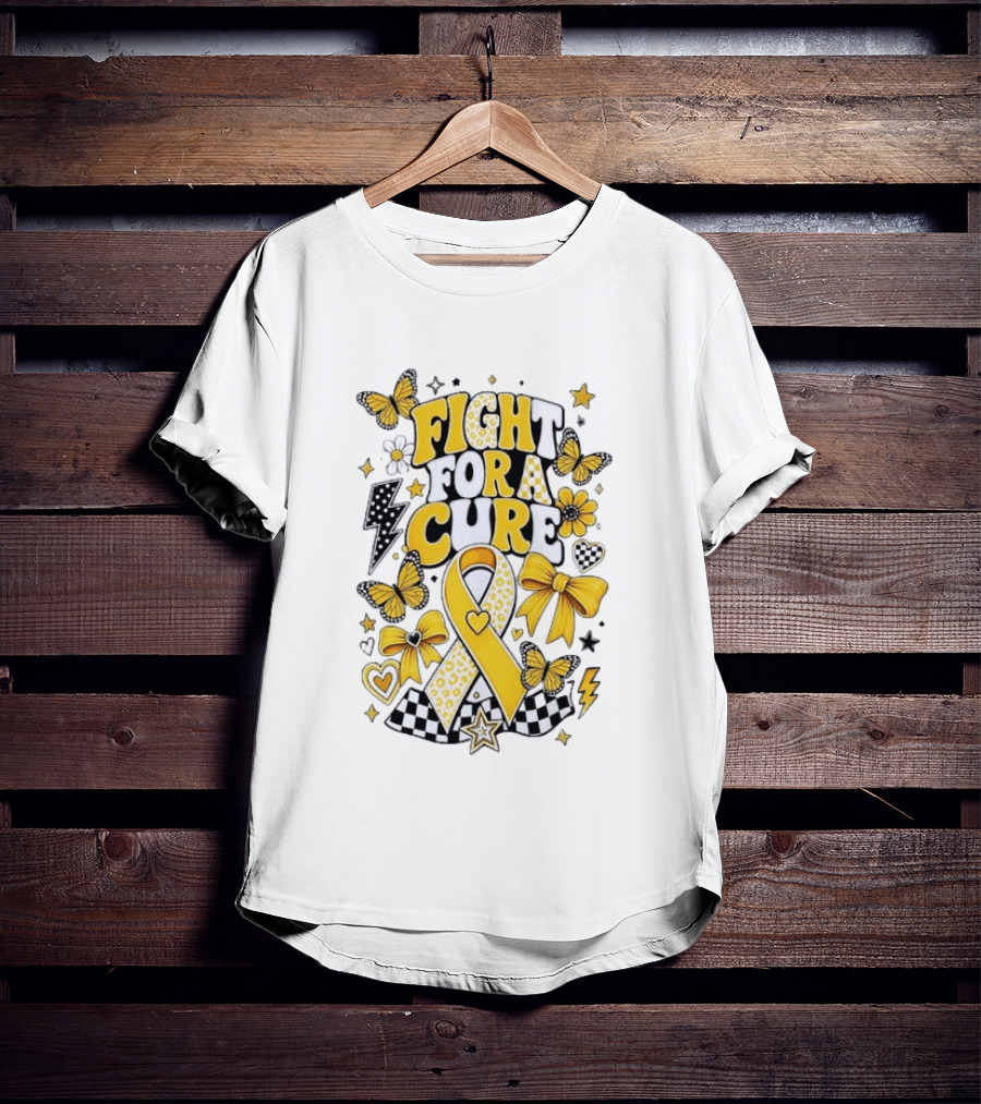 Fight For A Cure Yellow Ribbon Awareness Butterfly And Bow T-Shirt