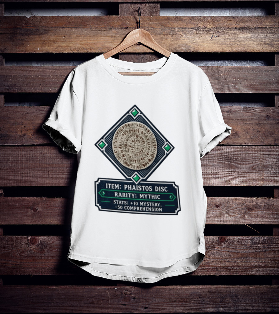 Item Phaistos Disc Rarity Mythic Stats +10 Mystery 50 Comprehension T-Shirt