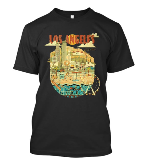 Los Angeles California Skyline Ferris Wheel And Beach Scene T-Shirt