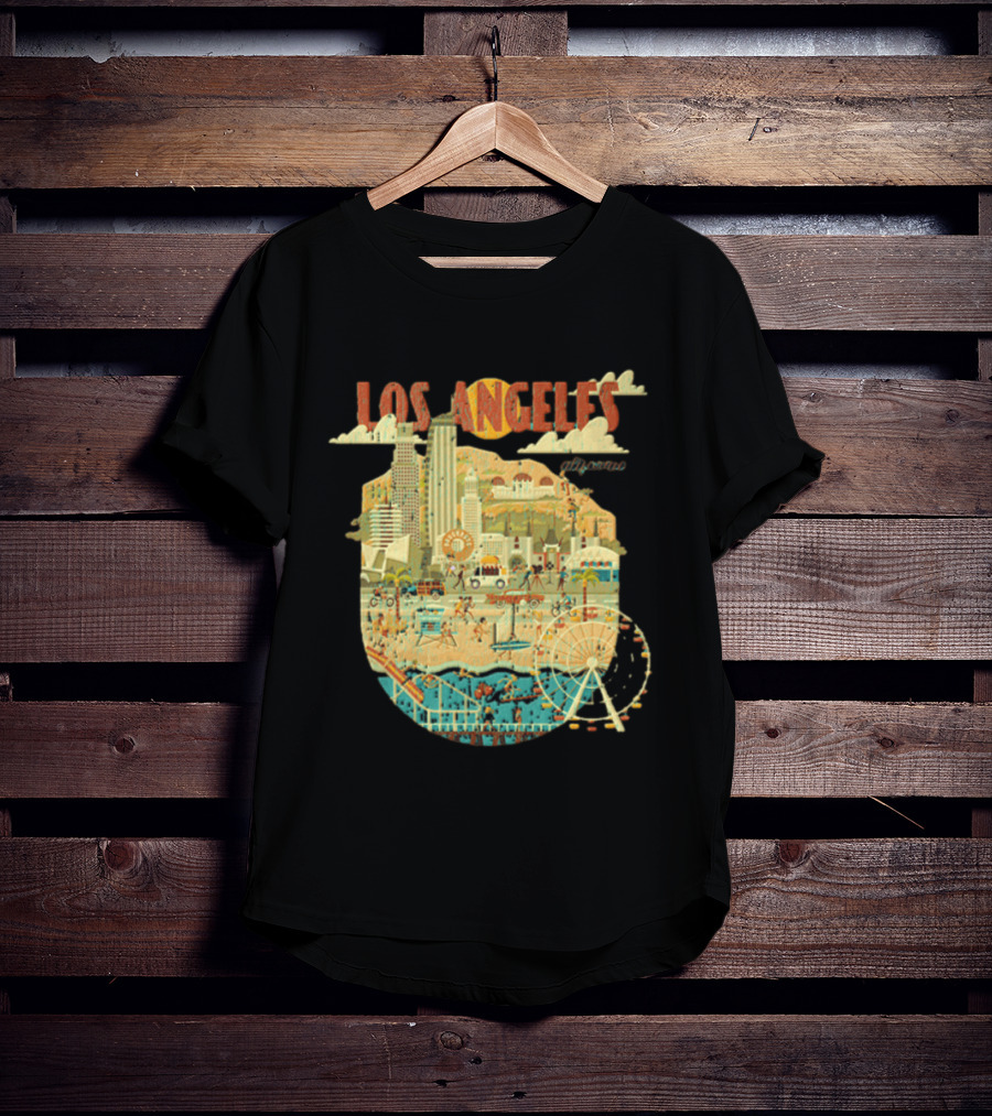 Los Angeles California Skyline Ferris Wheel And Beach Scene T-Shirt