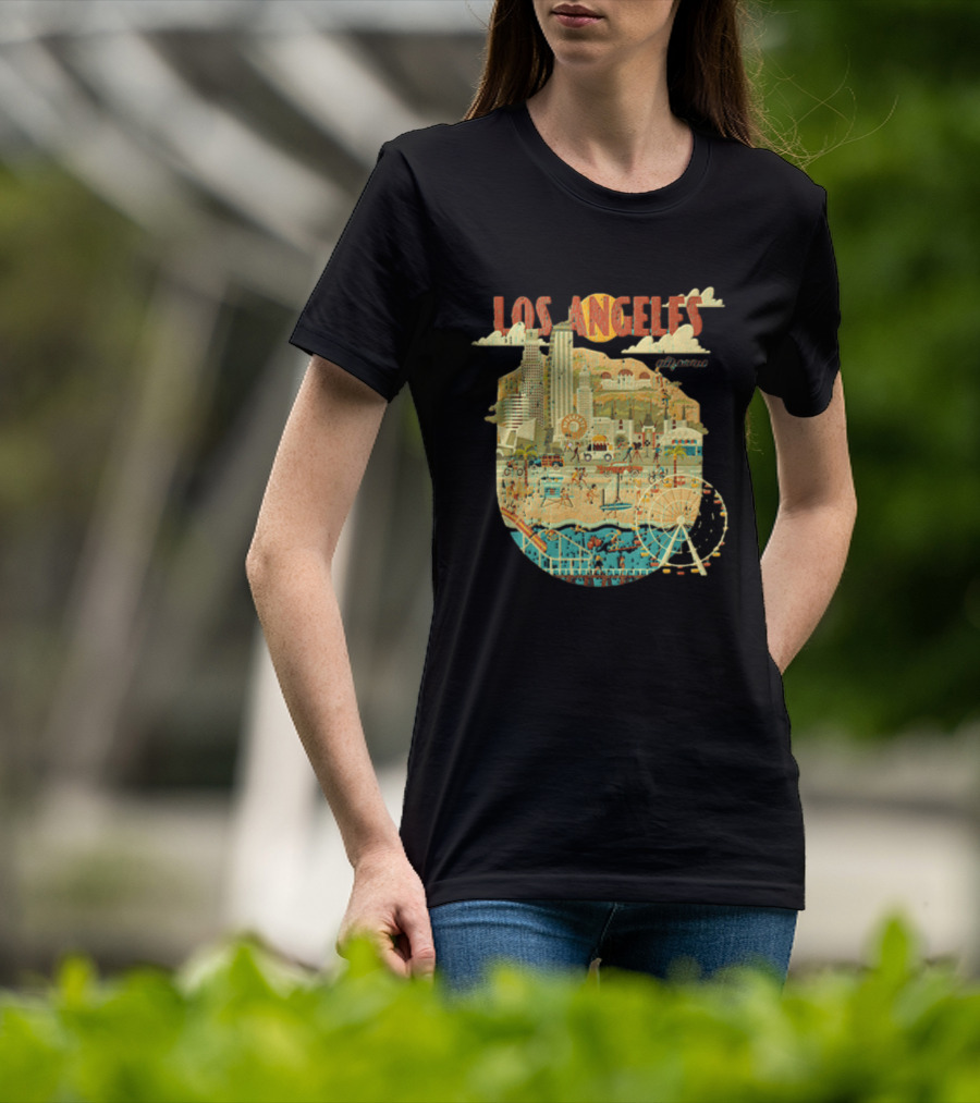 Los Angeles California Skyline Ferris Wheel And Beach Scene T-Shirt