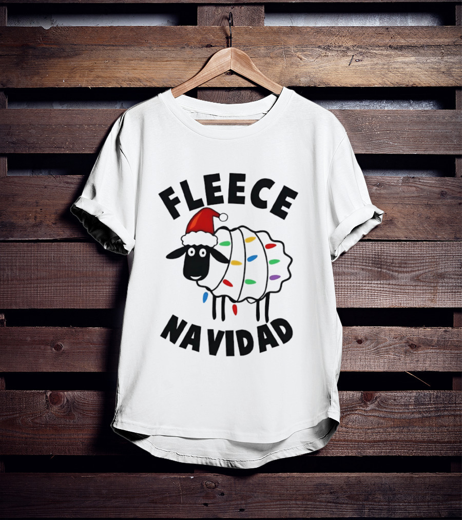 Fleece Navidad Christmas Sheep In Santa Hat With Holiday Lights Pun T-Shirt