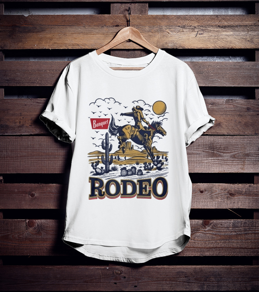 Western Rodeo Cowboy Desert Scene With Cactus And Mountains T-Shirt
