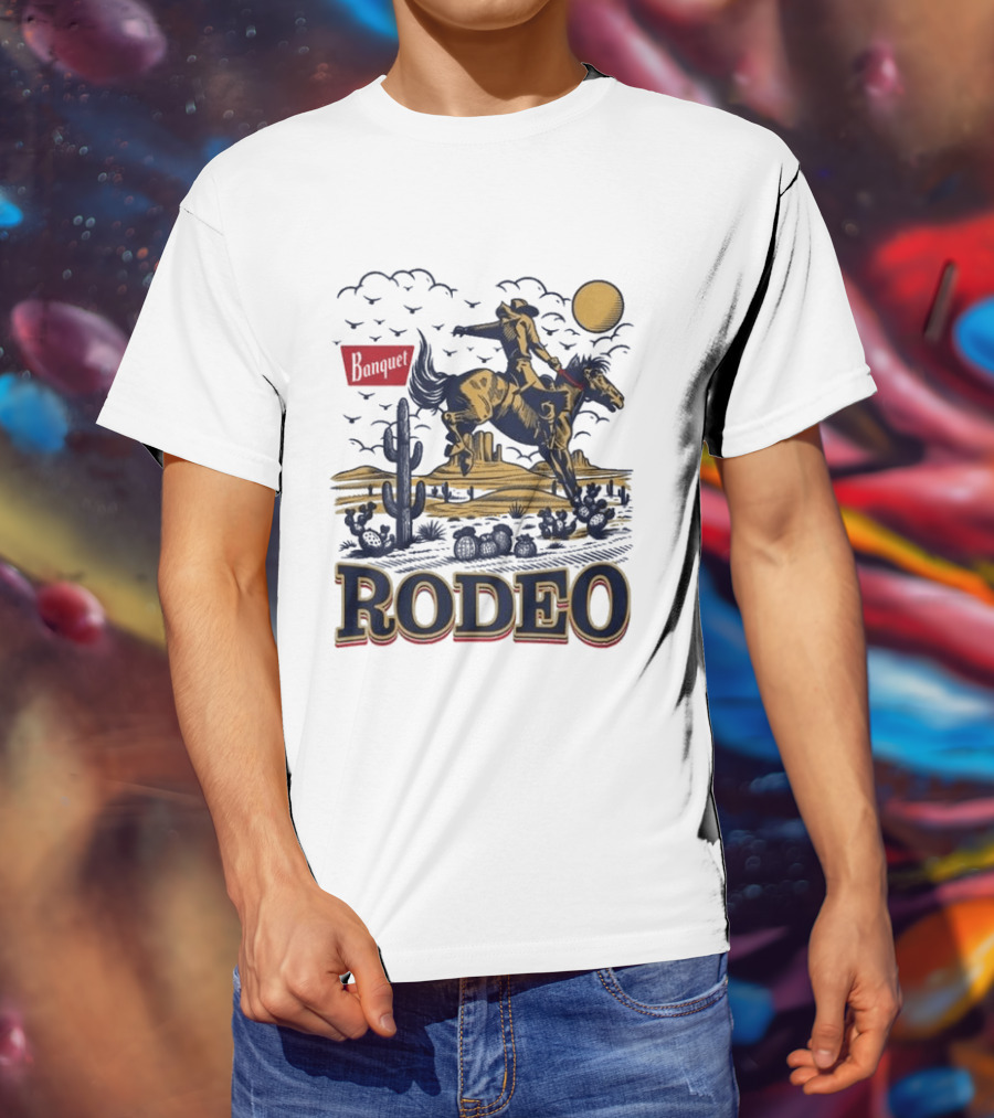 Western Rodeo Cowboy Desert Scene With Cactus And Mountains T-Shirt