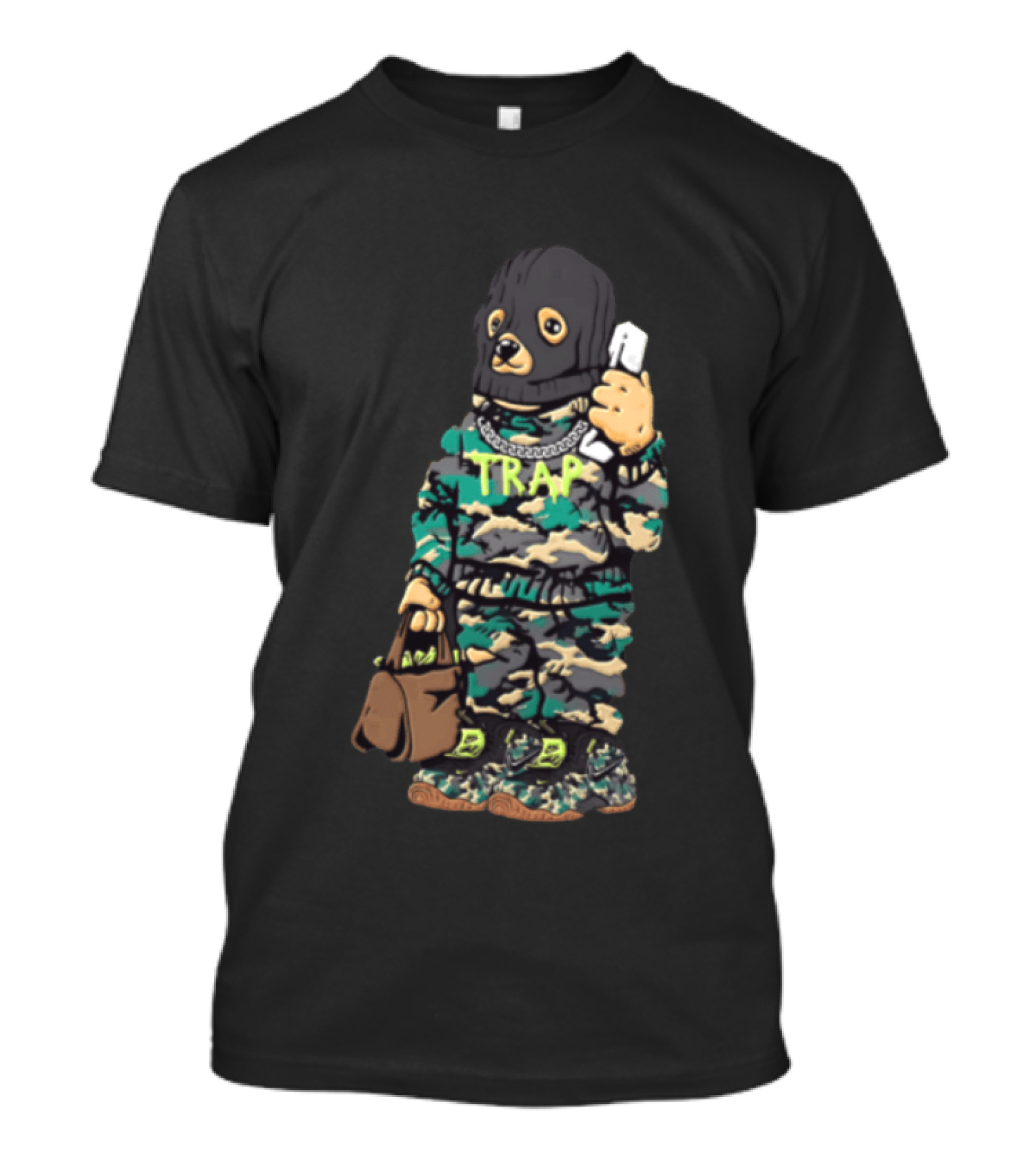 Bear Balaclava Camouflage Trap Outfit With Phone And Bag T-Shirt