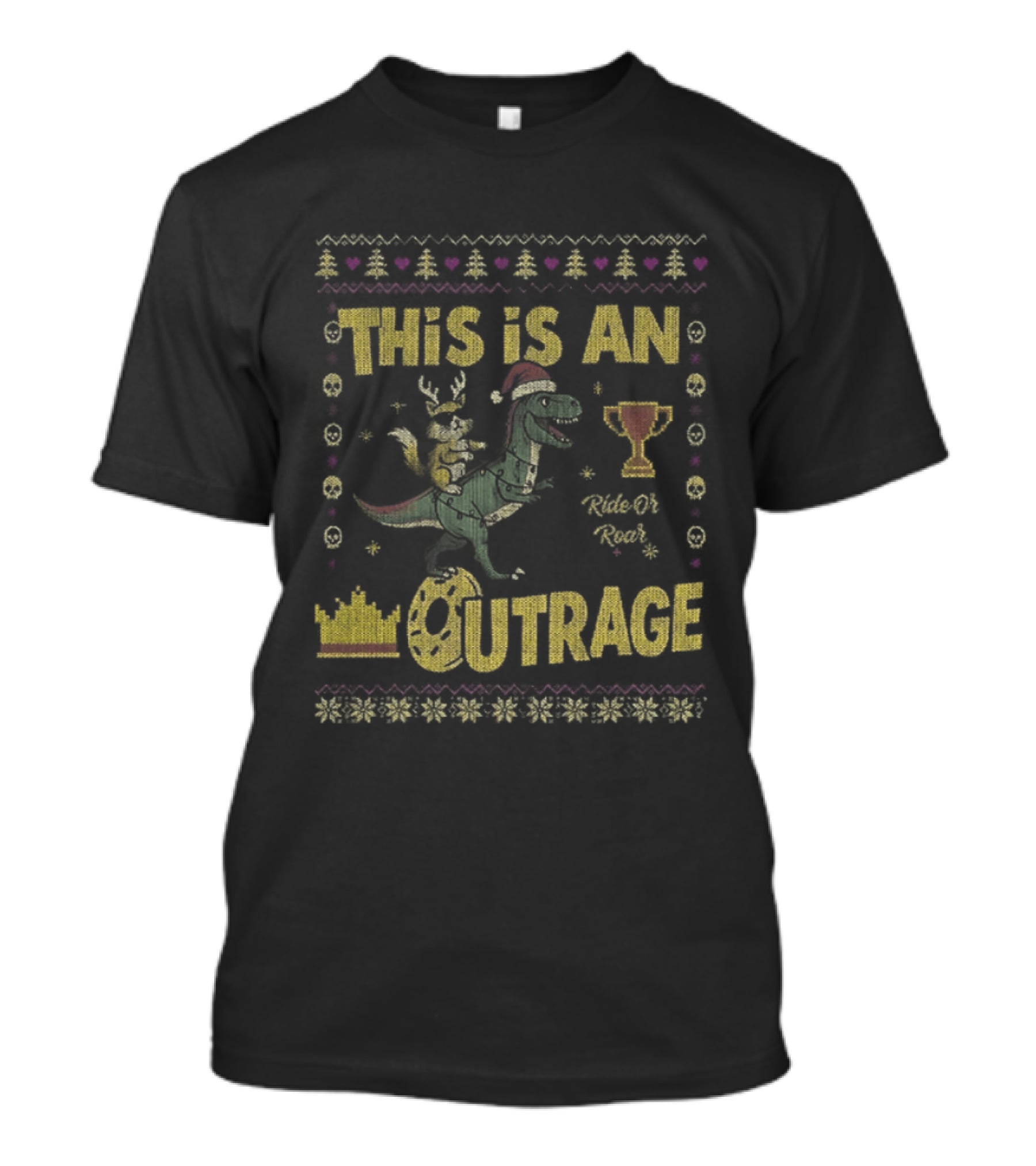Dungeon Crawler Carl This Is An Outrage Christmas Ugly Achievement Crown Trophy Dinosaur Santa Hat T-Shirt