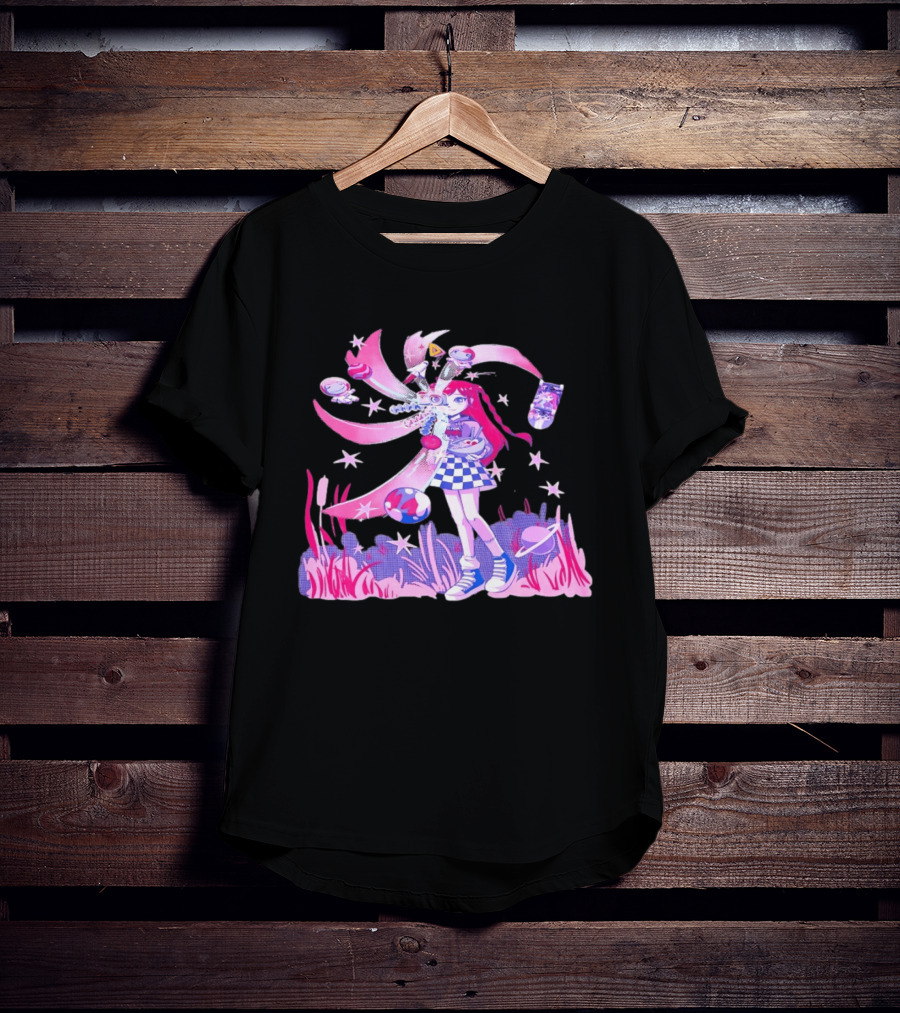 Anime Girl Space Ramen Checkered Skirt Pink Cosmic Stars T-Shirt