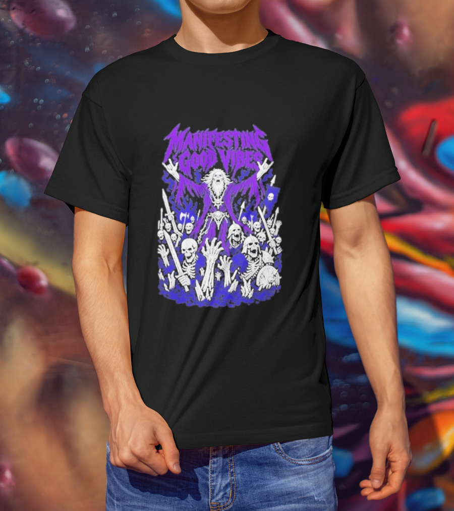 Manifesting Good Vibes Necromancer Skeleton Wizard T-Shirt