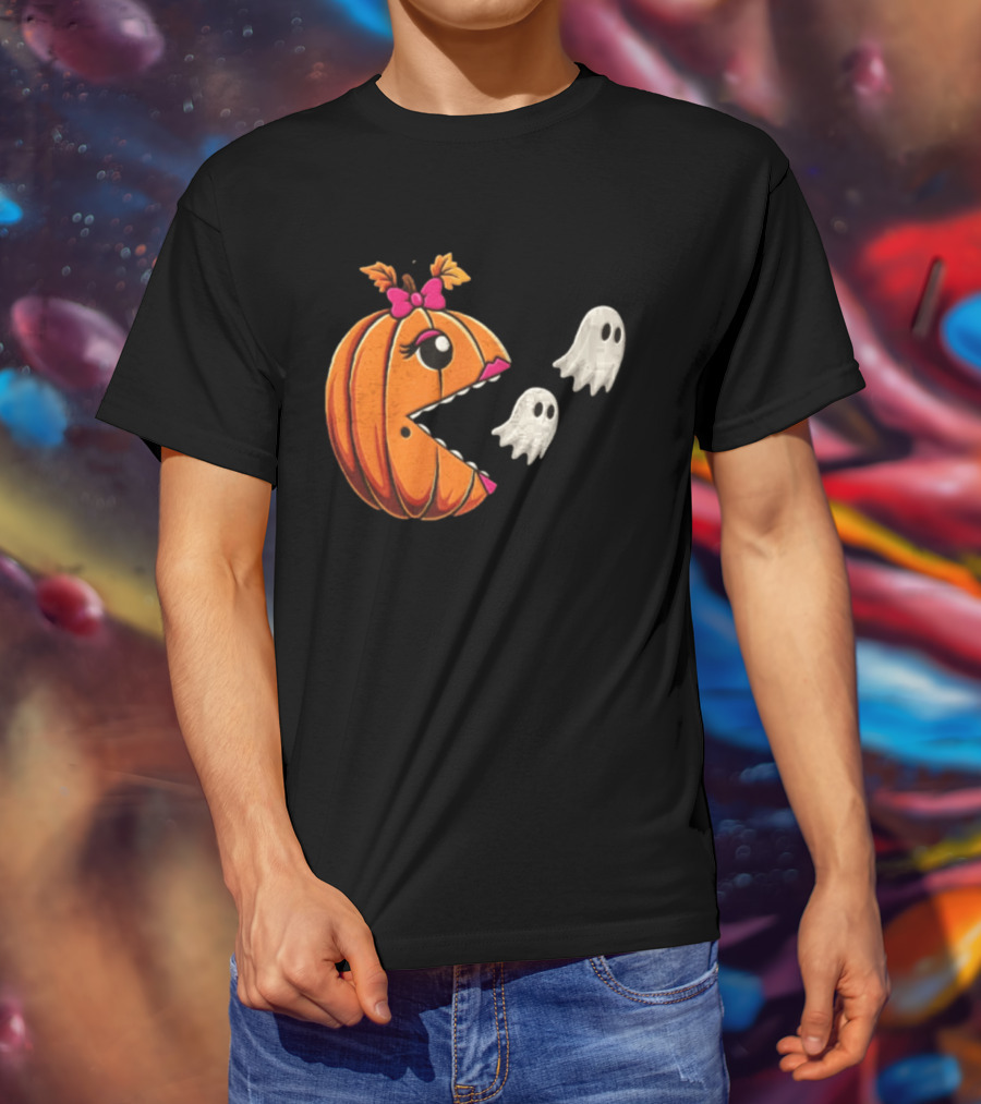 Ms Pac Man Pumpkin Shape Halloween Ghosts T-Shirt