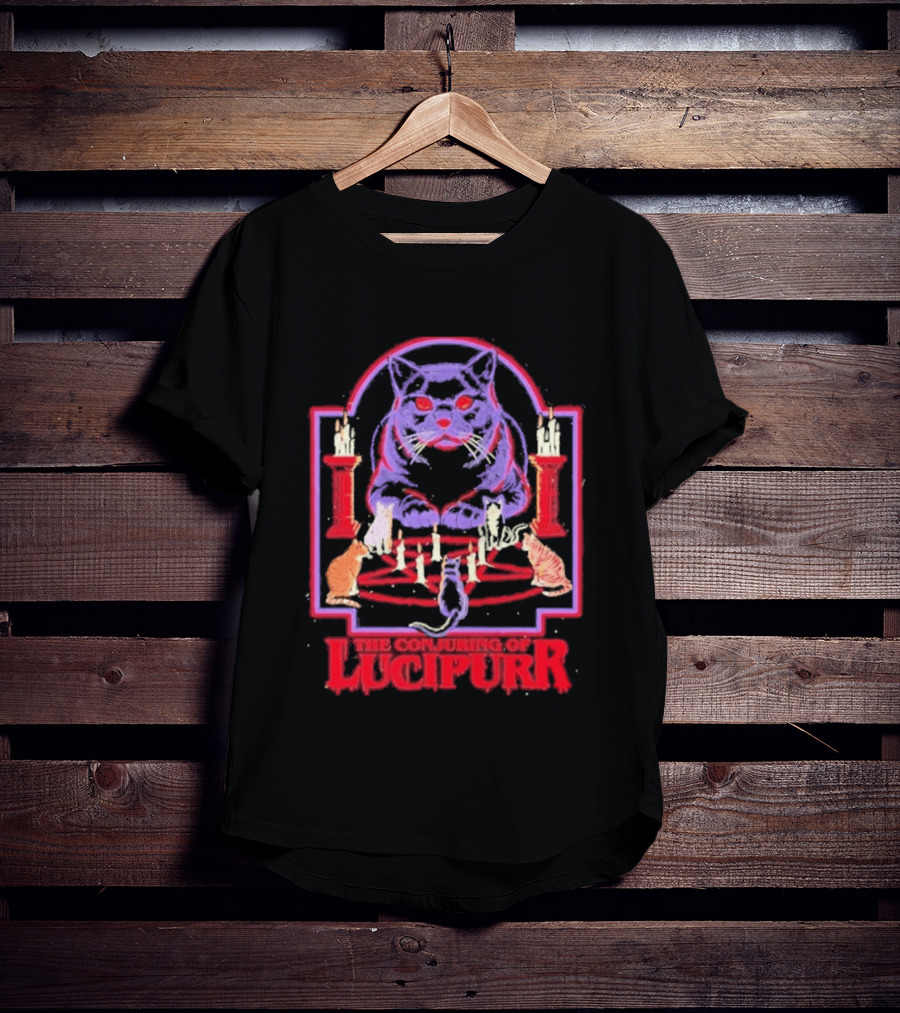 The Conjuring Of Lucipurr Cat Candle Pentagram Ritual T-Shirt
