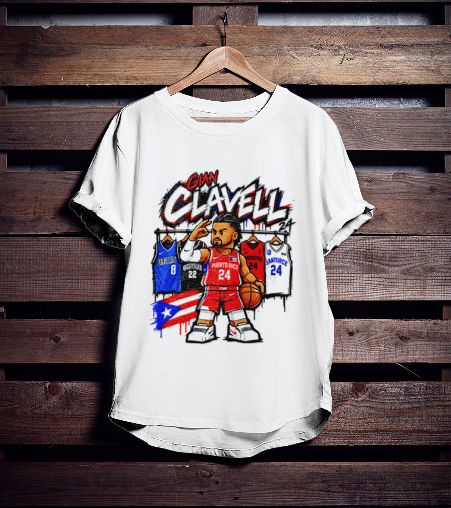 Gian Clavell Puerto Rico Basketball Cartoon With Jersey Collection And Flag T-Shirt