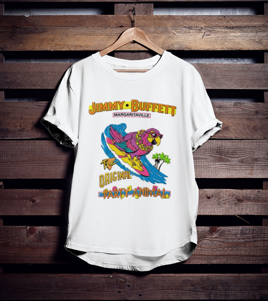 Jimmy Buffett Margaritaville Original Party Animal Parrot Surfing Wave T-Shirt