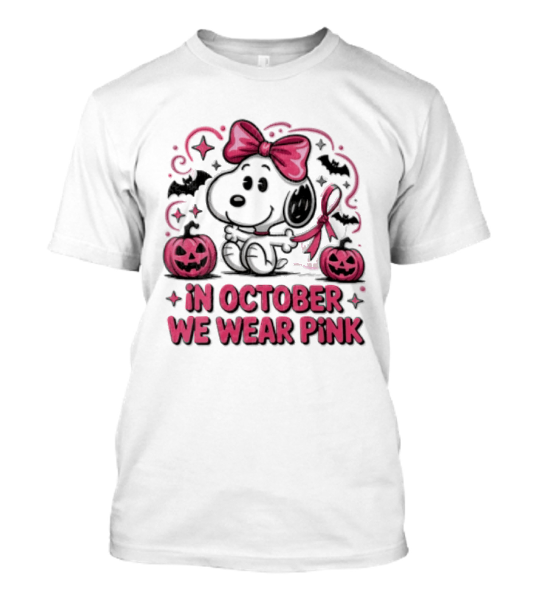 In October We Wear Pink Snoopy Peanuts Halloween Bow Pumpkins Bats T-Shirt