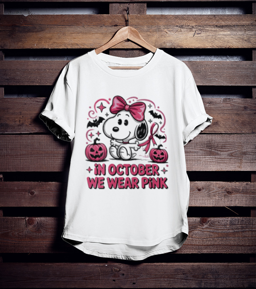 In October We Wear Pink Snoopy Peanuts Halloween Bow Pumpkins Bats T-Shirt