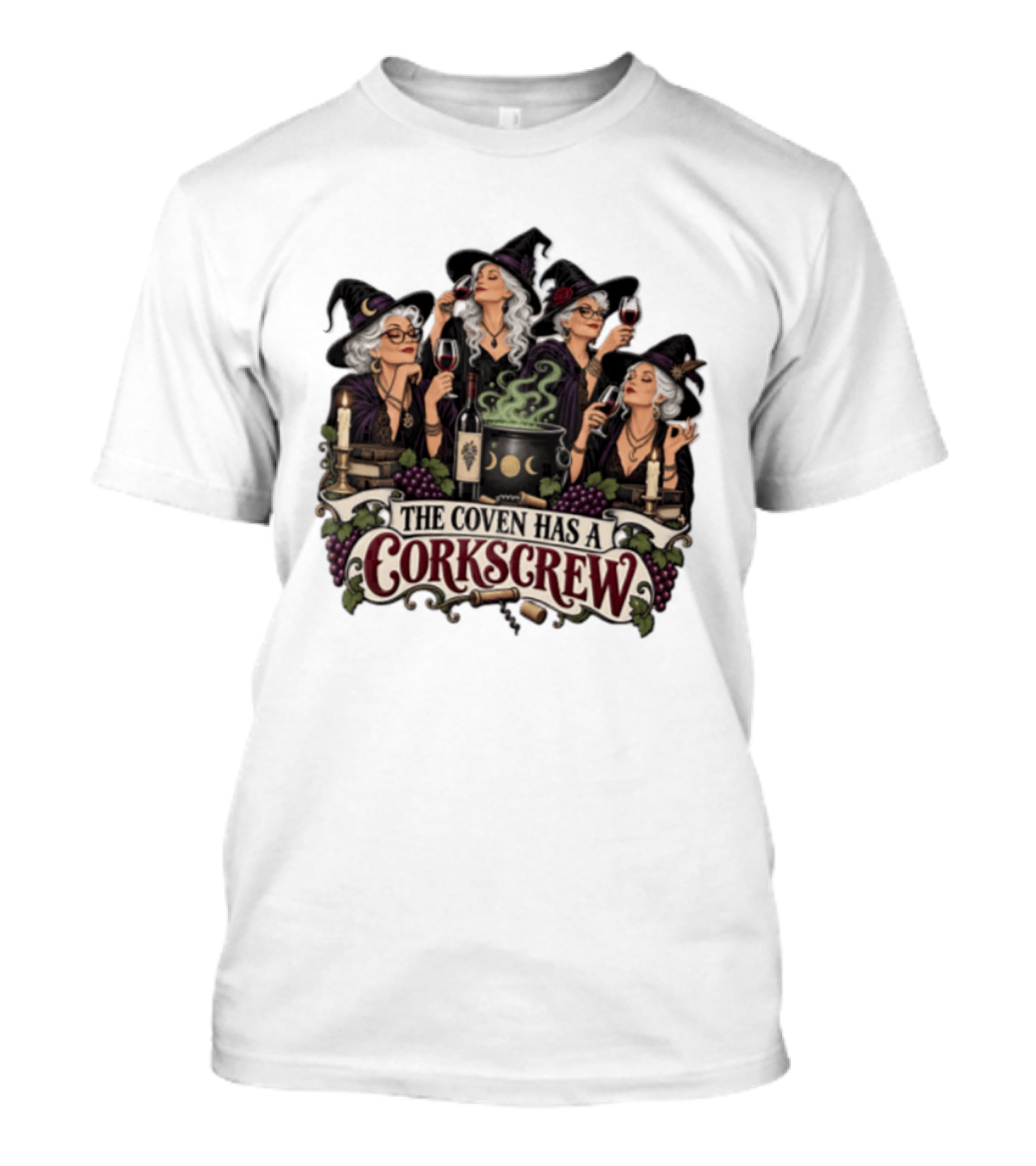 The Coven Has A Corkscrew Four Witches Drinking Wine Cauldron Grapes Candles T-Shirt