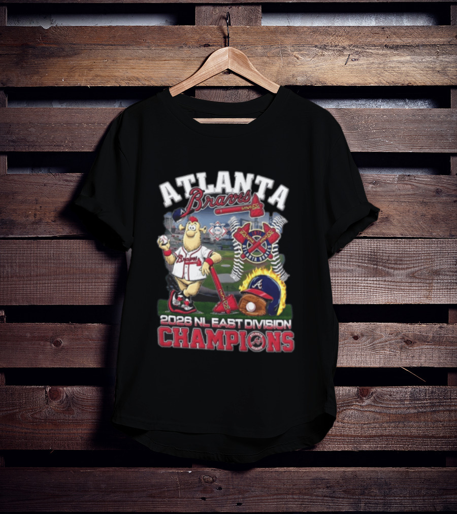 Atlanta Braves 2026 NL East Division Champions Stadium With Mascot And Baseball Bat T-Shirt
