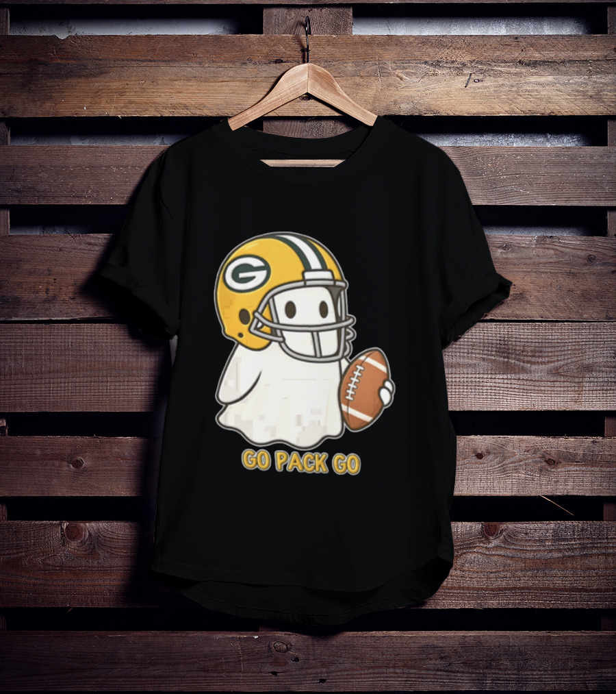 Go Pack Go Ghost With Green Bay Packers Football Helmet And Ball T-Shirt