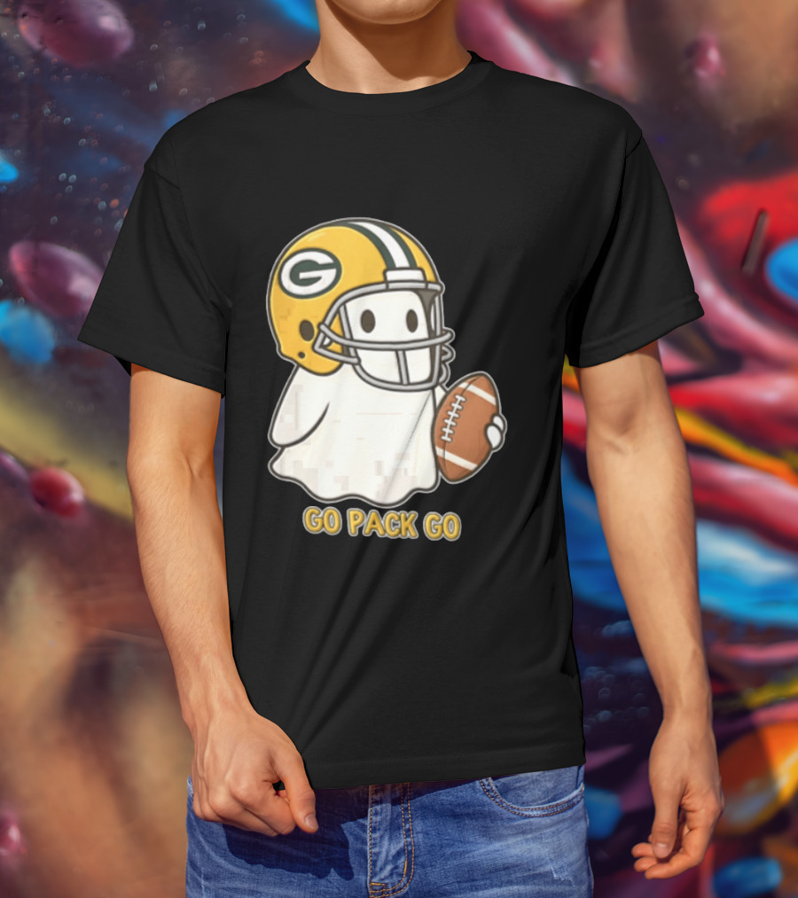 Go Pack Go Ghost With Green Bay Packers Football Helmet And Ball T-Shirt