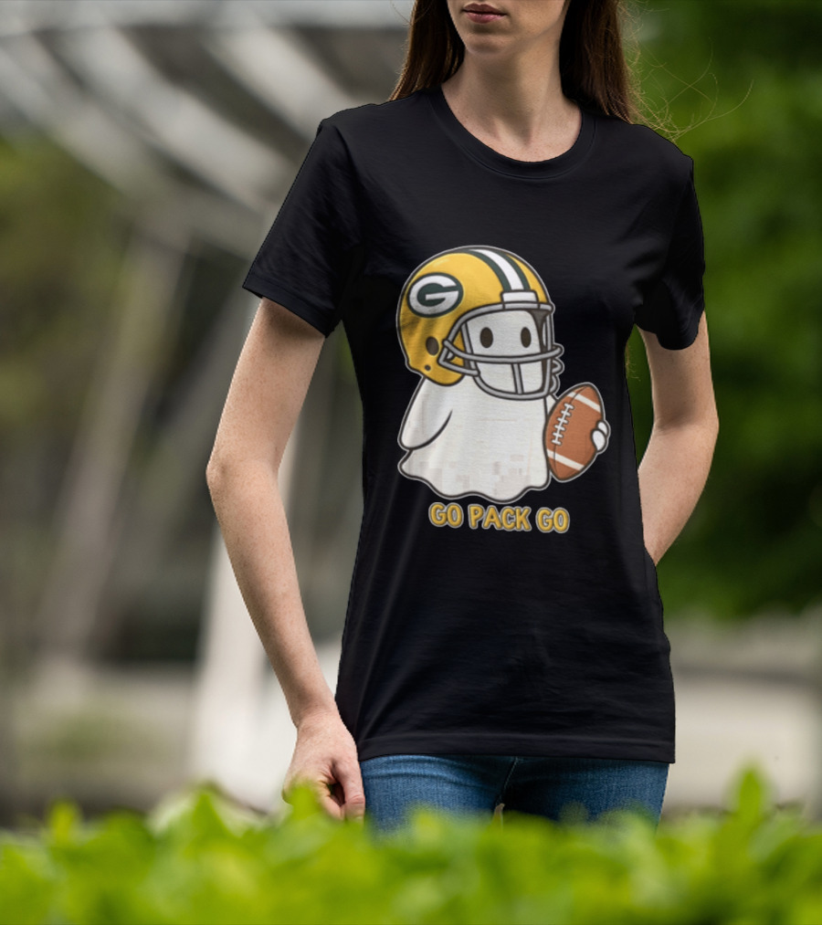 Go Pack Go Ghost With Green Bay Packers Football Helmet And Ball T-Shirt
