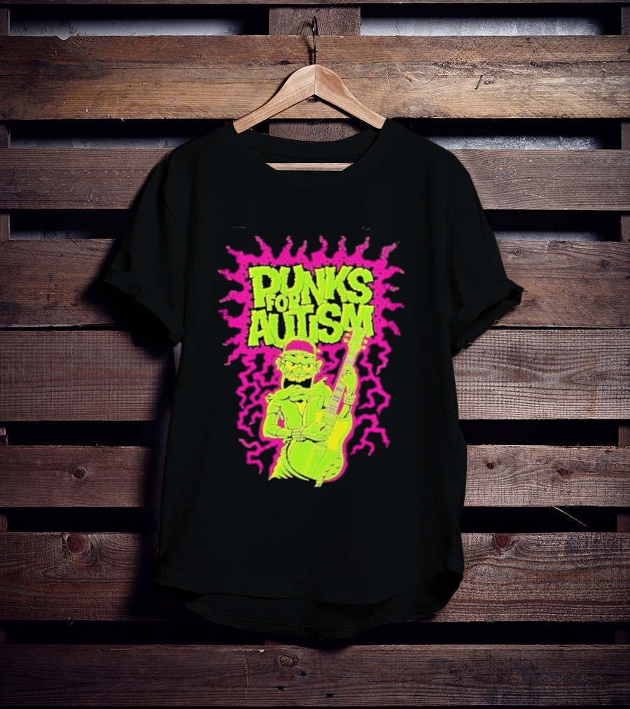 Punks For Autism Frankenstein Guitar Player Neon Rock T-Shirt
