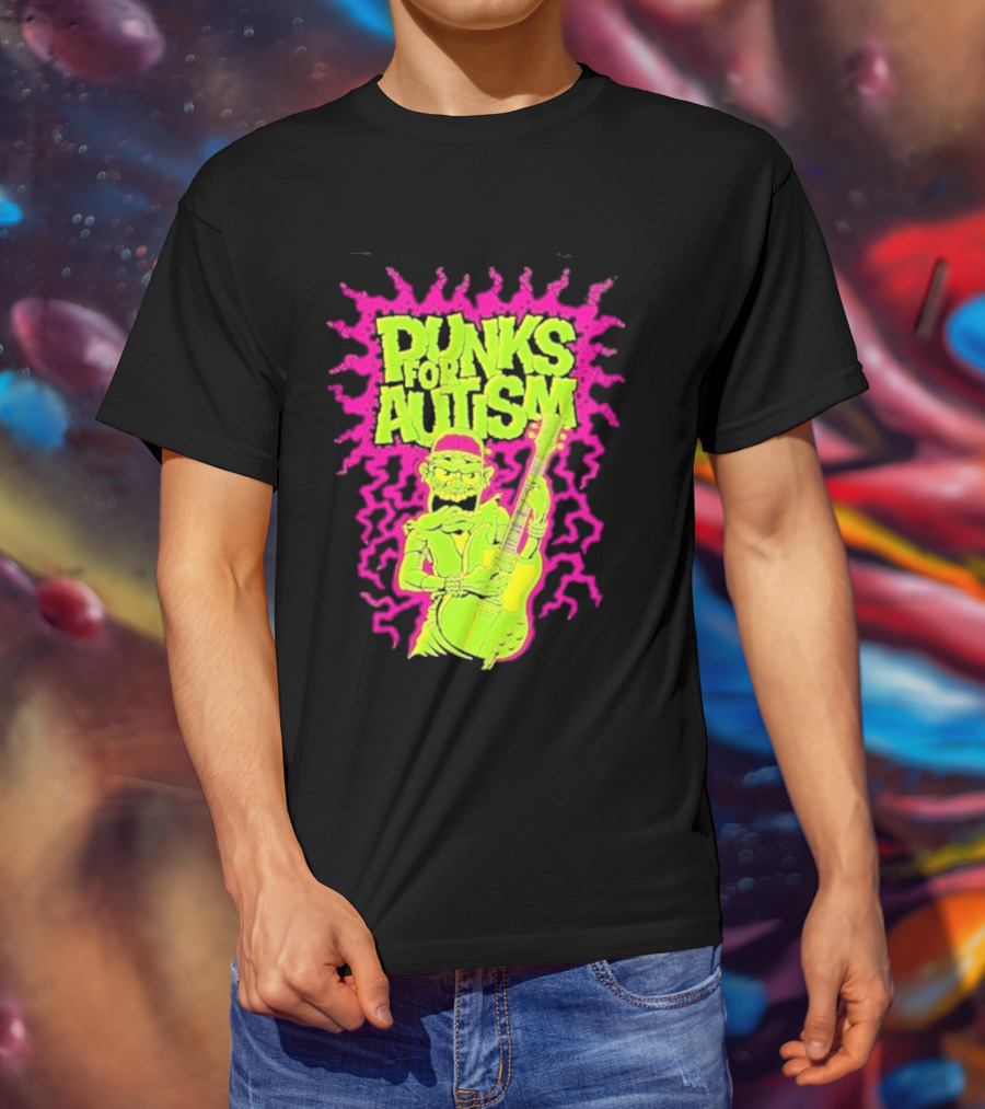 Punks For Autism Frankenstein Guitar Player Neon Rock T-Shirt