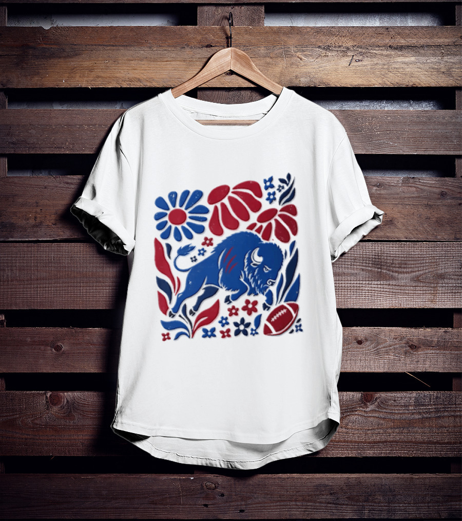 Buffalo Bills Charging Buffalo Red Blue Flowers Football T-Shirt