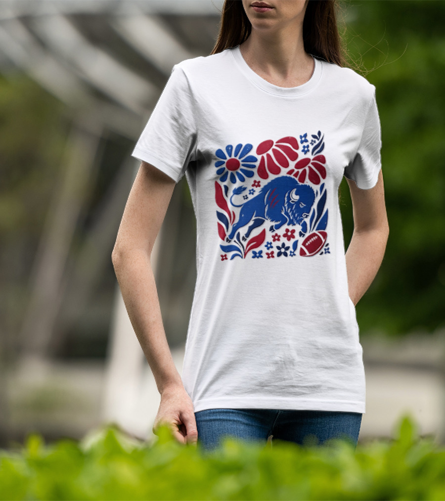 Buffalo Bills Charging Buffalo Red Blue Flowers Football T-Shirt