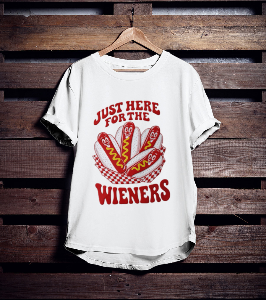Just Here For The Wieners Four Cartoon Hot Dogs Mustard T-Shirt