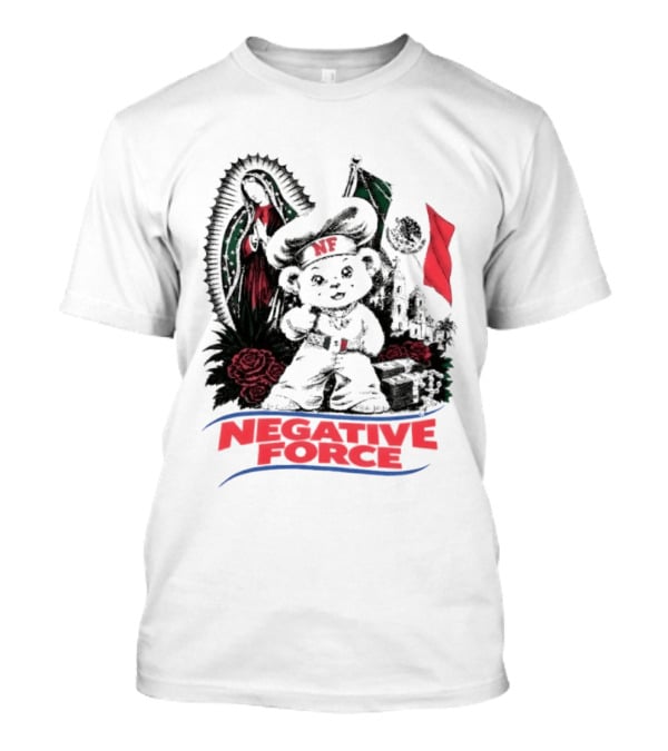 Negative Force Bear With Mexican Flag Virgin Mary Roses T-Shirt