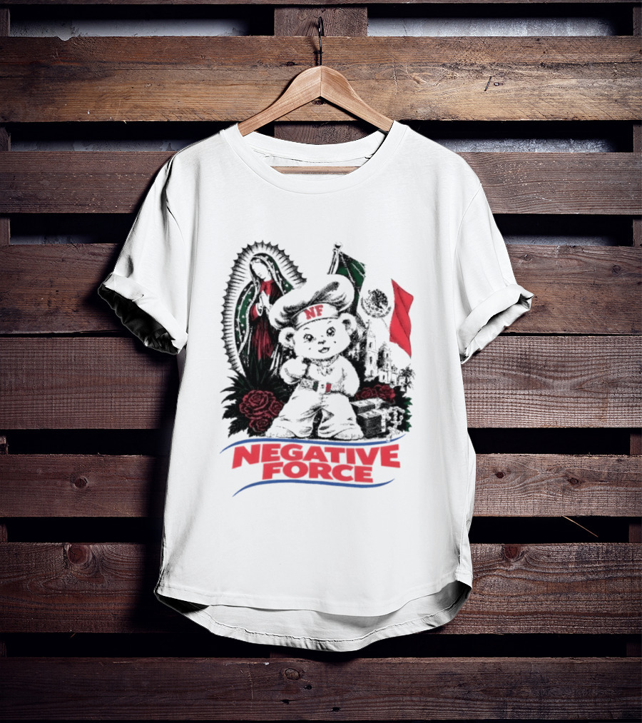 Negative Force Bear With Mexican Flag Virgin Mary Roses T-Shirt