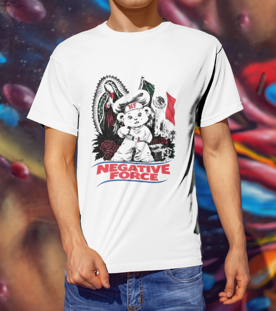 Negative Force Bear With Mexican Flag Virgin Mary Roses T-Shirt
