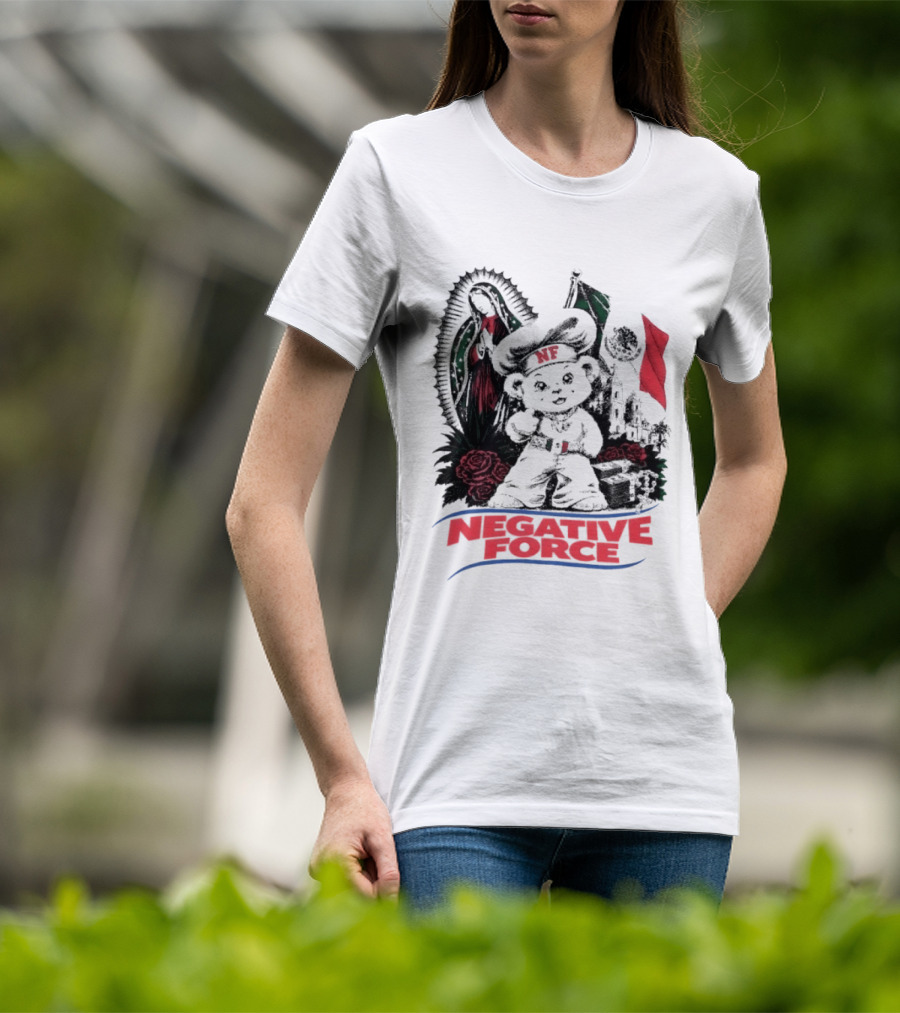 Negative Force Bear With Mexican Flag Virgin Mary Roses T-Shirt