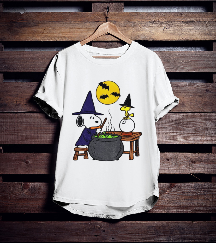 Snoopy Witch Cauldron Woodstock Crystal Ball Halloween Moon Bats T-Shirt