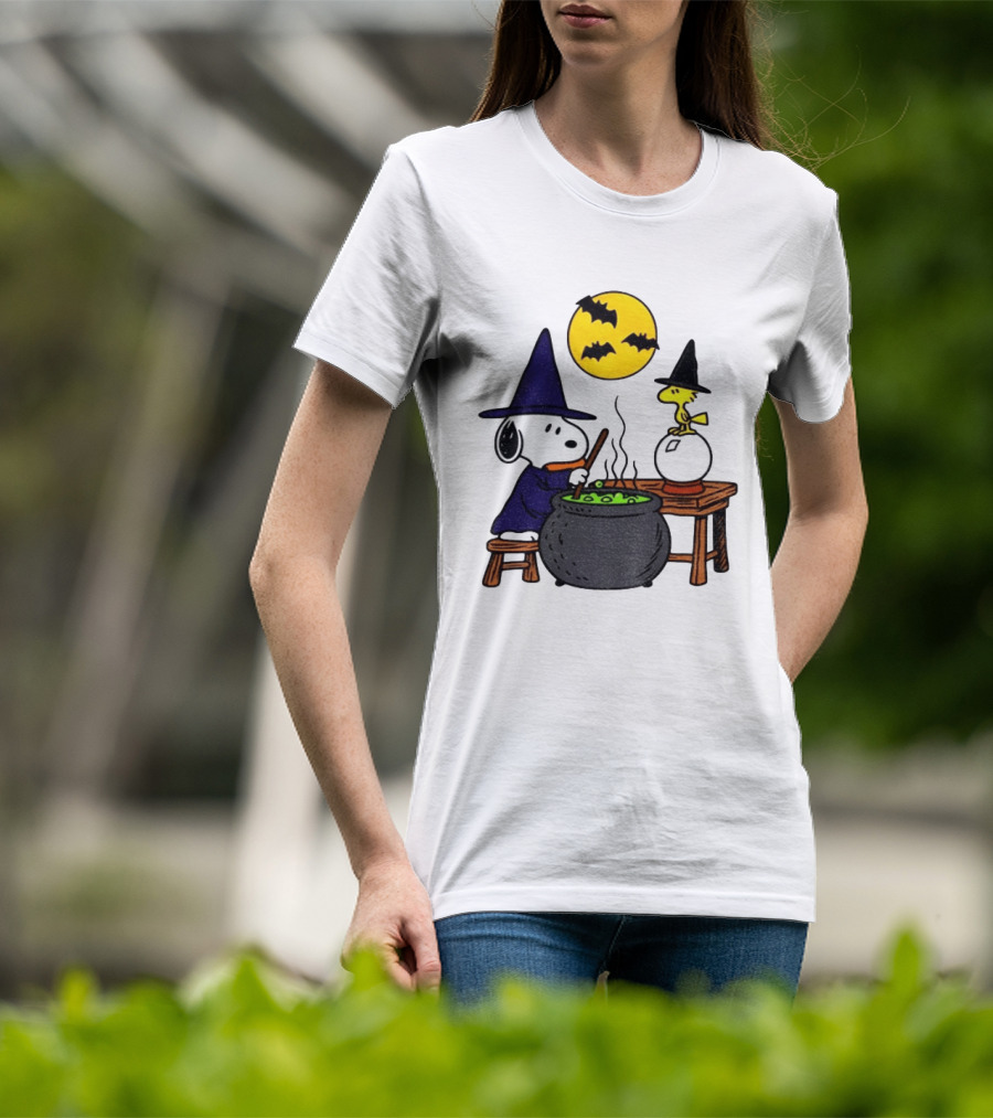 Snoopy Witch Cauldron Woodstock Crystal Ball Halloween Moon Bats T-Shirt