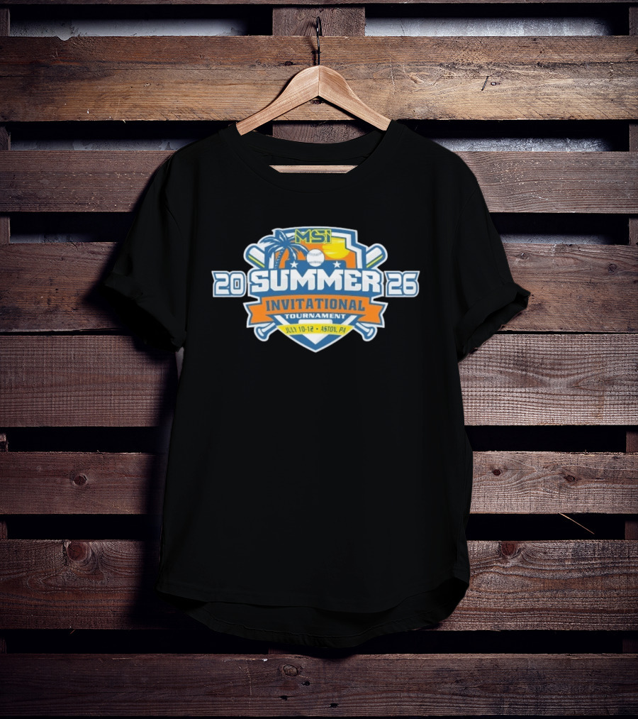 MSI Summer Invitational Tournament 2026 July 10 12 Aston PA Baseball Bat Beach Palm Tree Sunburst T-Shirt