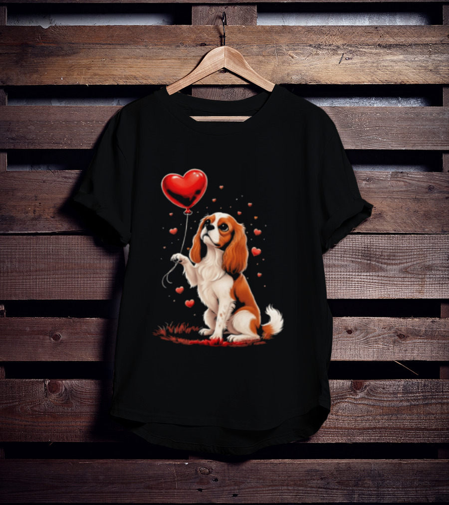 Cavalier King Charles Spaniel With Heart Balloon Surrounded By Floating Hearts T-Shirt