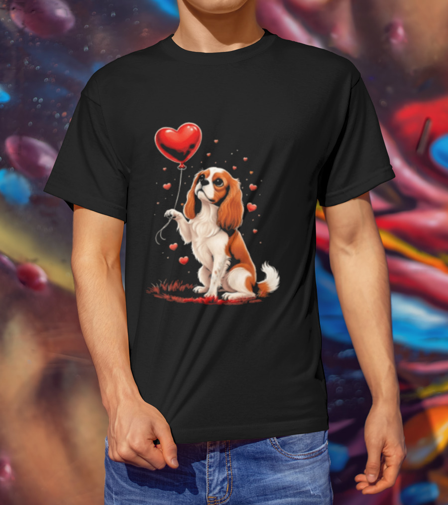 Cavalier King Charles Spaniel With Heart Balloon Surrounded By Floating Hearts T-Shirt